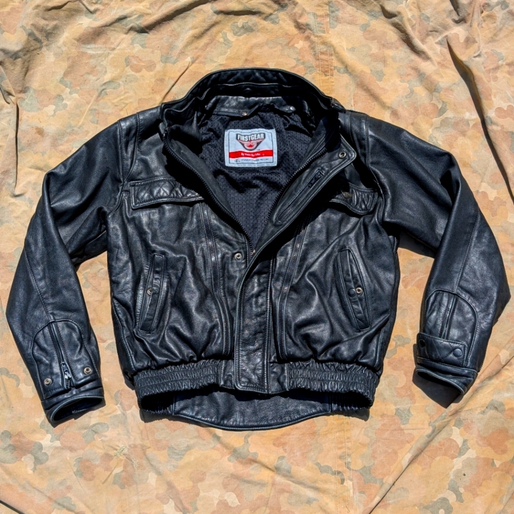 VTG FIRSTGEAR By Hein Gericke Chunky Black Leather Moto Bomber Jacket Sz Large